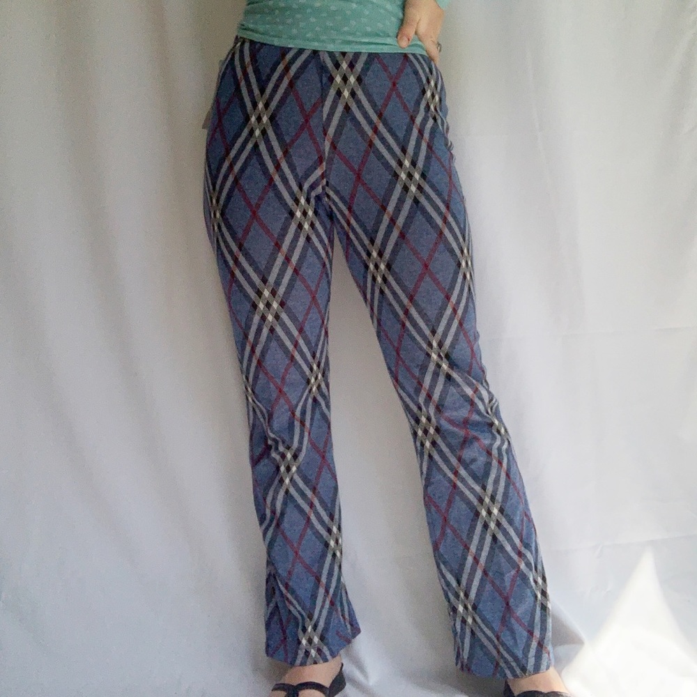 Vintage 90s Blue Plaid Pull On Flare Pants Size M